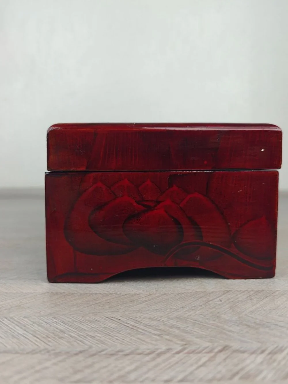 Vintage Chinese Lacquered Wooden Jewelry Box 3D Panda Crane Pagoda Asian